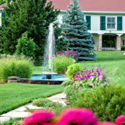 description: a photo of a well-manicured lawn with colorful flowers and bushes, a small fountain, and a stone walkway leading up to a house.