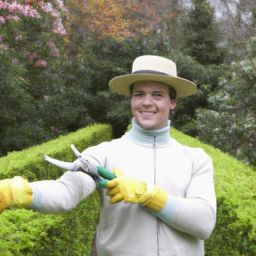 description: a person wearing a hat and gloves, holding a pair of pruning shears, standing in front of a row of bushes that have been neatly trimmed into a rectangular shape.