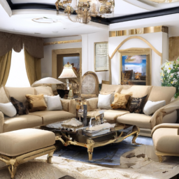 Description: A luxurious and elegant living room with high-end furniture, including a plush sofa, a stylish coffee table, and sophisticated accessories.