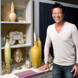 Description: A smiling David Bromstad standing in a room, adorned with his own home décor designs.