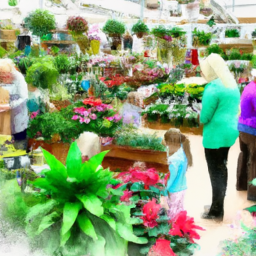 description: an anonymous image of a bustling gardening center with rows of vibrant plants and flowers. customers can be seen browsing the various displays, while staff members are helping them with their gardening needs. the atmosphere is filled with excitement and anticipation as people explore the wide selection of plants and gardening supplies.