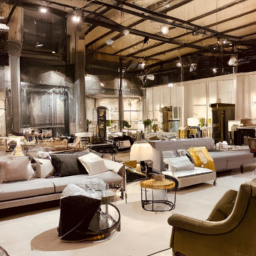 description: an inviting showroom at restoration hardware outlet, featuring a wide array of luxurious home furnishings. the spacious area showcases beautifully arranged furniture, elegant lighting fixtures, and vibrant textiles. the image captures the essence of sophistication and style that restoration hardware is known for.