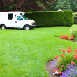 description: A lush, green lawn with a beautiful flower bed and a TruGreen service vehicle parked nearby.