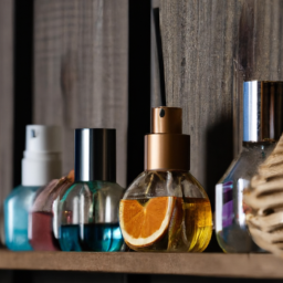 An assortment of air fresheners on a wooden shelf.