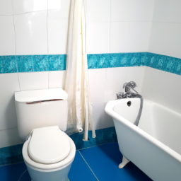 Description: A photo of a bathroom with white walls, a white bathtub, and a white toilet, with a blue and white tiled floor.
