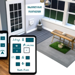 description: an image showcasing a modern home with smart devices integrated into the living room, kitchen, and outdoor areas. the smart devices include a smart plug, motion sensor, dimmer, and light switch, all seamlessly connected and controlled through a smartphone app.