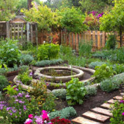 a photo of a beautiful backyard garden with raised garden beds filled with a variety of vegetables and flowers. in the center of the garden is a small fountain surrounded by a circular stone path. in the background, a wooden fence can be seen with climbing vines growing along it.