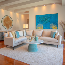 description (home decorating category): an inviting living room with a mix of vintage and modern furniture, adorned with vibrant patterned pillows. soft lighting creates a warm and cozy ambiance. the room features a gallery wall with artwork and a statement rug that ties the space together.