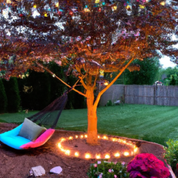 description: a beautiful backyard with a large tree in the center surrounded by a mulch bed and colorful flowers. there are also string lights hanging from the tree and a comfortable seating area with a bench and chairs. the overall design is cozy and inviting, with a focus on enhancing the natural beauty of the tree.