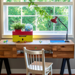 description: an image showing a beautifully designed kids desk made from reclaimed wood, featuring a sleek white surface, storage compartments, and colorful stationary supplies neatly arranged on top. the desk is placed against a window with a view of a lush home garden, filled with vibrant flowers and greenery.