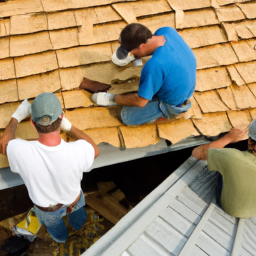 A photo of a home restoration team working on a roofing project.