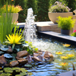 A lush garden filled with vibrant flowers, lush greenery, and a water feature surrounded by comfortable seating areas.