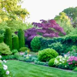 description: an image of a vibrant and well-maintained garden with a variety of blooming flowers, perfectly trimmed hedges, and a neatly manicured lawn. the sunlight casts a warm glow, highlighting the beauty of the garden.