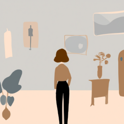 A person stands in a room and surveys the area. The walls are a neutral color and various pieces of furniture are scattered around the room. There are plants in the corners and artwork on the walls.