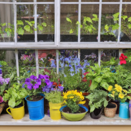 description: a vibrant container garden showcasing a variety of plants and flowers, with pots arranged on a windowsill in a small urban space. the image captures the beauty and practicality of container gardening in limited areas.