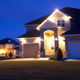 A home illuminated with a variety of lights, with a security system set up nearby.