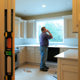 Image of a kitchen in the process of being remodeled, with a contractor measuring a wall and cabinets awaiting installation.