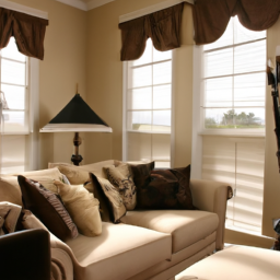 A living room with furniture and accessories from Decorating Den Interiors, featuring custom window treatments, wall coverings, flooring, and lighting.
