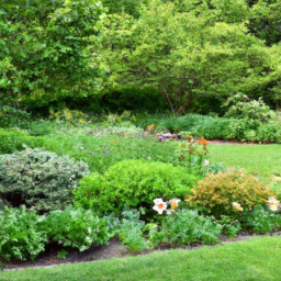 description: an image of a well-maintained garden with lush green plants, neatly arranged flower beds, and a weed-free lawn.