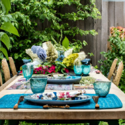 description: an image of a beautifully decorated patio table with vibrant flowers, stylish placemats, and elegant dinnerware. the table is set for a garden party, with the surrounding greenery adding a touch of natural beauty to the scene.