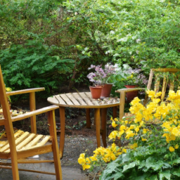 description (home gardening): a serene backyard garden filled with vibrant flowers, lush green plants, and a cozy seating area to relax and enjoy nature.