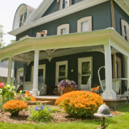 A photo of a beautifully restored old home with a wrap-around porch and a lush garden in the front yard.