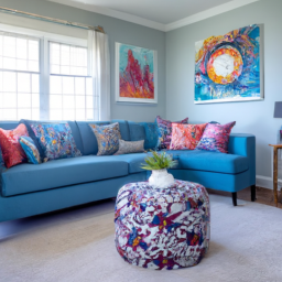 description: an anonymous image showcases a beautifully decorated living room with a vibrant color palette. the walls are painted in a rich blue, complemented by a mix of bold and patterned pillows on the couch. the room is filled with natural light, highlighting the vibrancy of the colors.