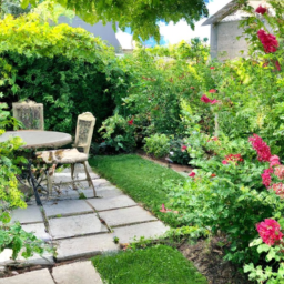 description: an image showcasing a beautiful backyard garden with colorful flowers, lush greenery, and a cozy seating area.