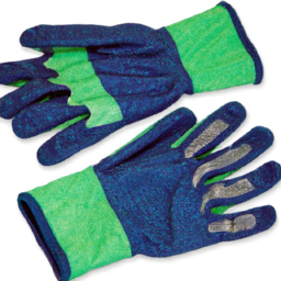 Description: A pair of gardening gloves in blue and green. The gloves feature a textured grip and padded palms for comfort and protection.