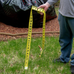 A picture of a person holding a measuring tape on a lawn with a variety of mulch bags in the background.