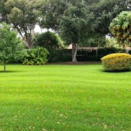 Description: A photo of a lush green lawn in Stuart, FL with a variety of trees and shrubs in the background.
