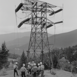 description: A group of workers in yellow safety vests and hard hats are standing around a large electrical tower. In the background, there are hills covered in green vegetation. The workers appear to be inspecting the tower and the surrounding power lines.