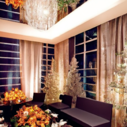 an image shows a room with a shiny silver curtain hanging in the middle, creating a stylish and futuristic room divider. the room is well-lit with design-forward lighting fixtures, adding a touch of ambiance to the space. the overall decor is minimalist yet festive, with holiday-themed accents such as tree-shaped candles and metal wreaths displayed on a sleek table. the room exudes a sense of style and sophistication, showcasing the unique and exciting collaboration between h&m home and rabanne.