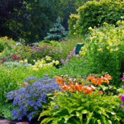 A lush garden with colorful blooms and vibrant plants.
