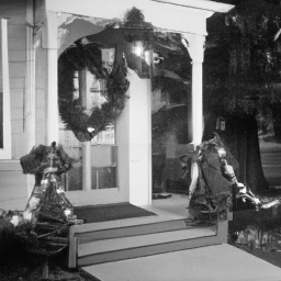description: an anonymous image features a beautifully decorated front porch for christmas. the porch is adorned with a seasonal swag made of pinecones, holly berries, and pine branches. two elegant outdoor christmas trees stand on either side of the door, decorated with garlands and twinkling lights. a wreath with red ribbons is hung on the door, adding a festive touch. the porch is well-lit with lanterns and string lights, creating a warm and welcoming atmosphere.