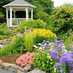 description: a beautifully manicured garden with vibrant flowers, lush greenery, and a well-designed stone pathway leading to a charming gazebo.