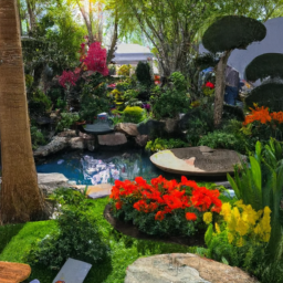 description: a photo of a beautiful garden with blooming flowers, green grass, and a small pond. the sun is shining down onto the garden, creating a warm and inviting atmosphere. the image is anonymous, but it perfectly captures the essence of the maricopa county home and garden show, which is all about creating beautiful outdoor spaces.
