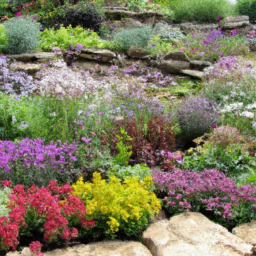 Description: A vibrant flower garden with a variety of different flowers and plants, surrounded by a rock border.