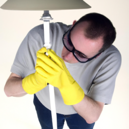 A person wearing protective gloves and eyewear holding a floor lamp while inspecting it.