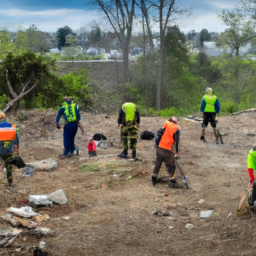 description: an anonymous image depicts a group of individuals working together to clear debris and restore a damaged area of land. they are wearing protective gear and using various tools to rebuild and revive the environment.