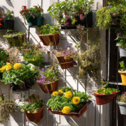 description: an anonymous image shows a vertical garden in a small urban balcony. the garden consists of several stacked pots filled with vibrant flowers and lush greenery. the pots are attached to a wall-mounted trellis, creating a beautiful and gravity-defying display of plants.