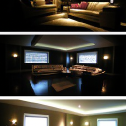 description: a before and after photo collage showcasing a finished basement transformation. the left side of the image depicts a dark and unfinished basement with exposed pipes and concrete walls. the right side shows the same space transformed into a brightly lit, beautifully furnished area with plush seating, a home theater setup, and elegant decor. the overall ambiance is inviting and comfortable, highlighting the potential of a basement remodel.