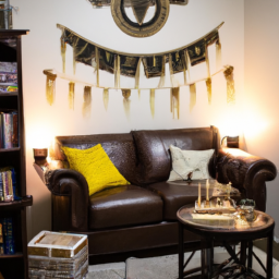 description: an image shows a cozy living room adorned with harry potter-themed decor, including a wall tapestry depicting the hogwarts castle, a bookshelf filled with spellbooks and magical artifacts, and a table decorated with golden snitch-inspired candle holders.