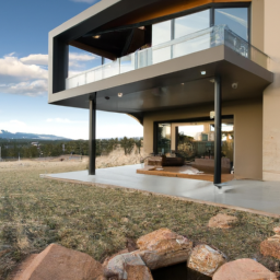 Picture of the exterior of a modern mountain home with a large outdoor living space.