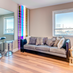 description: a beautifully designed living room with sleek hardwood flooring, complemented by modern furniture and vibrant decor. the room exudes a sense of elegance and sophistication, showcasing the transformative power of floor & decor's flooring options.