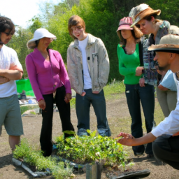Description: A group of people participating in an outdoor gardening class, learning about plants and techniques from an experienced instructor.