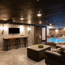description: a dimly lit basement with concrete walls and floors. a large sectional sofa is placed in the center of the room, facing a wall-mounted television. on the side, a bar area with stools and a pool table can be seen. the overall ambiance is cozy and inviting.