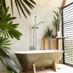 description: A beautiful, modern bathroom with a freestanding bathtub, a walk-in shower, and natural elements, such as wood and plants, creating a serene and relaxing atmosphere.