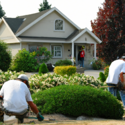 Description: A picture of a landscaping crew working on a garden with a house in the background.