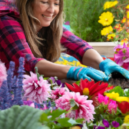 A woman wearing gardening gloves is planting colorful flowers in a raised garden bed. She is smiling and surrounded by greenery while holding a trowel.